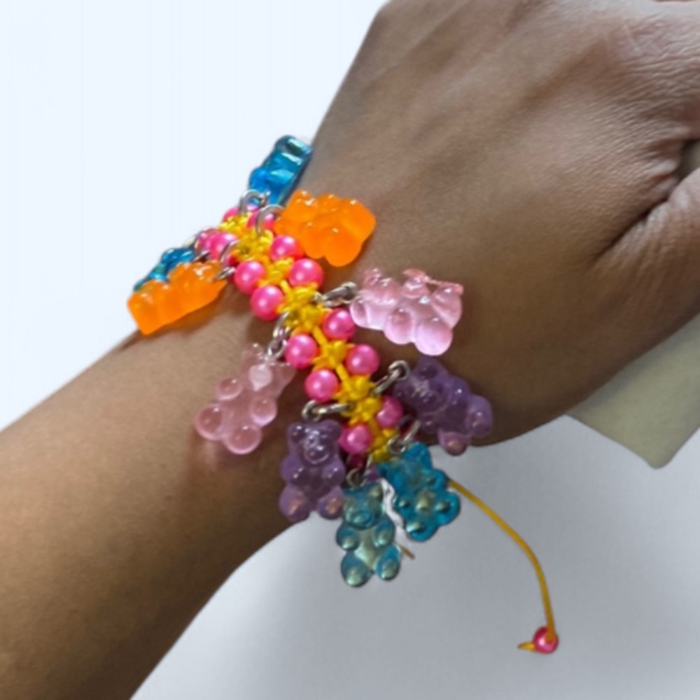 Multicolor macrame knotted Bracelet with Bears charm